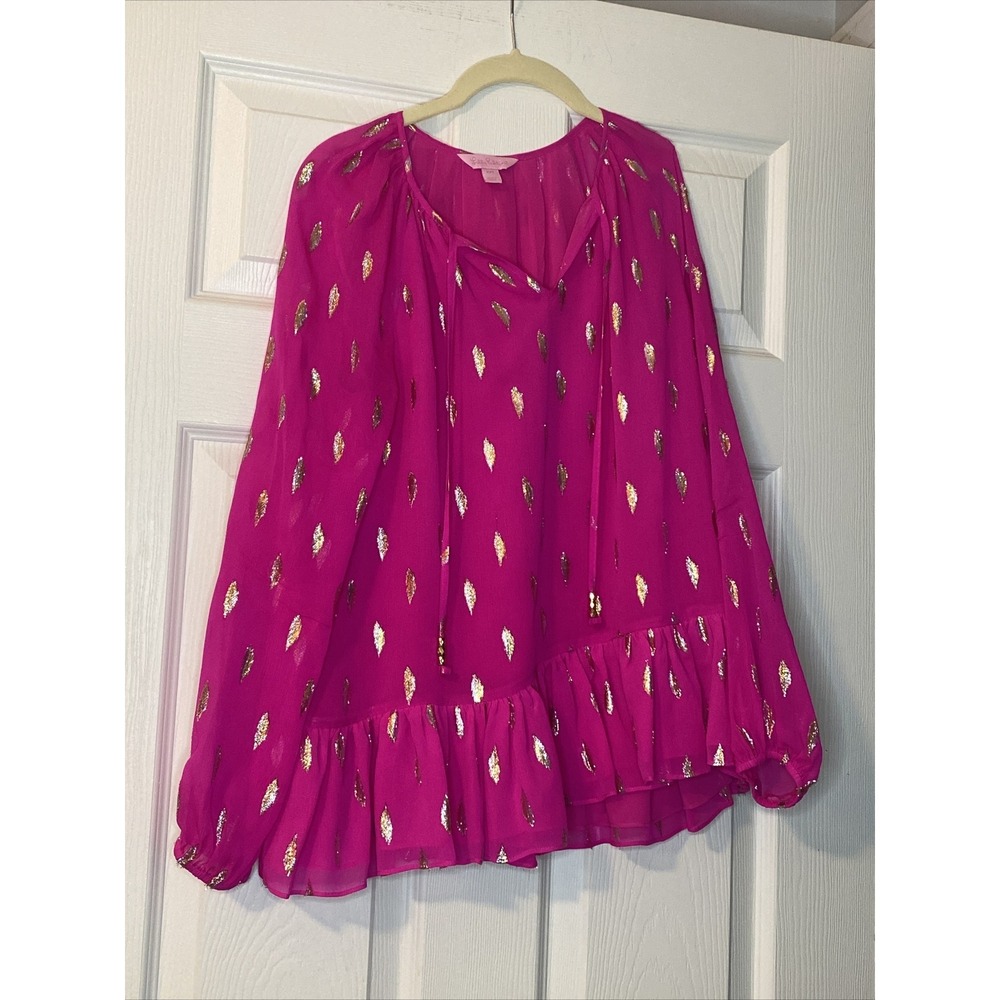 Lilly Pulitzer Tensley Silk Top Size XXS Raz Berry  Diamond Clip Bright Gold